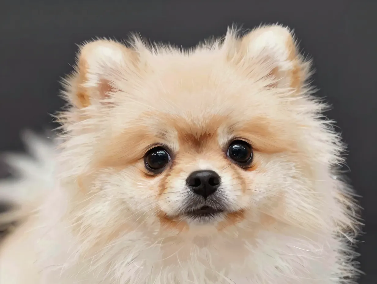 Fluffy pomeranian puppy fox face peeking